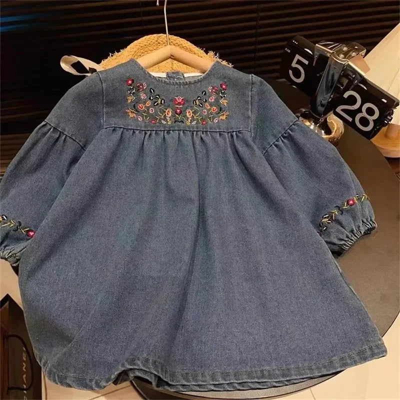 2024 Spring Autumn Skirt Fashion New Korean Girls Cowboy Embroidered Long Sleeve Dress Girls Casual Cowboy Skirt