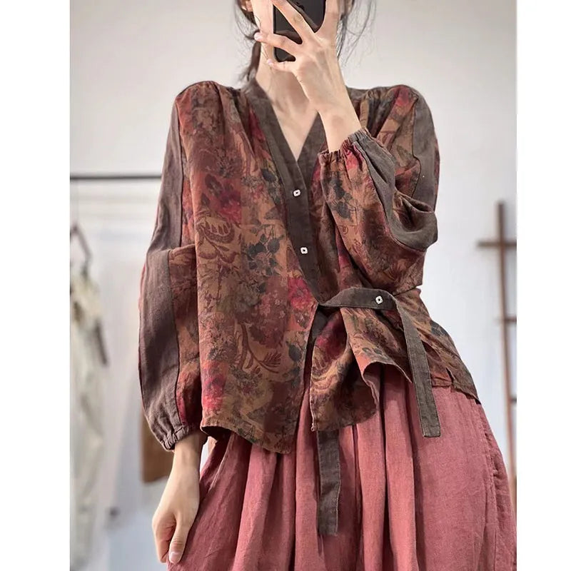 ARWEN&AJH GROUP مجموعة اروين التجاريه2024  2024 New Arrival Spring Women Loose Fit Casual V-neck Long Sleeve Blouse Asymmetrical Single Breasted Floral Cotton Shirts