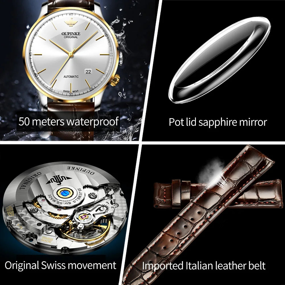 OUPINKE Men's Watches Swiss Movement Automatic Mechanical Watch True Leather Strap Ultra Thin Dial Waterproof High Quality Watch