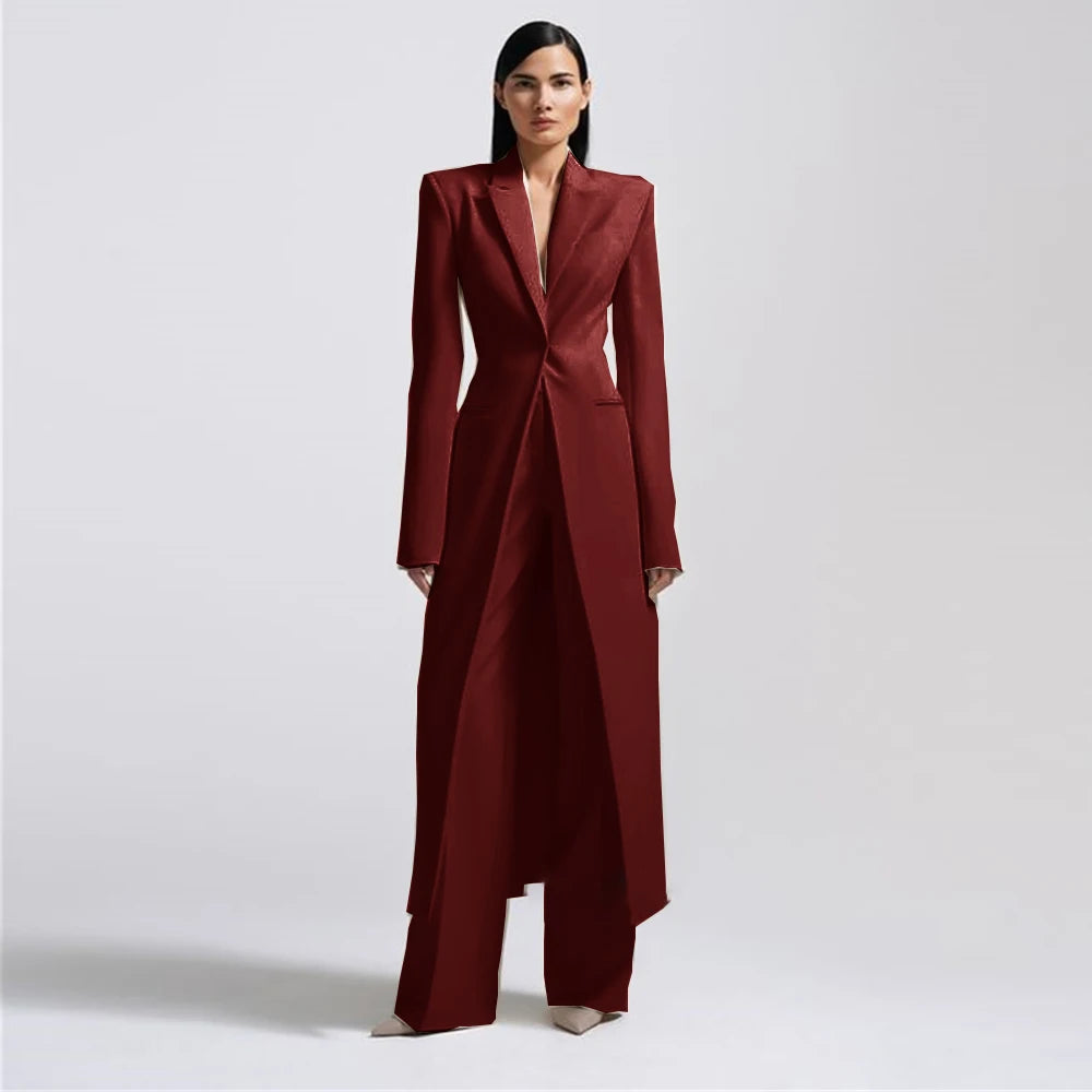 New Arrival Women Pants Set Fashion Peak Lapel One Button Long Coat Office Lady Formal 2 Piece Solid Color Custom Suit Slim Fit