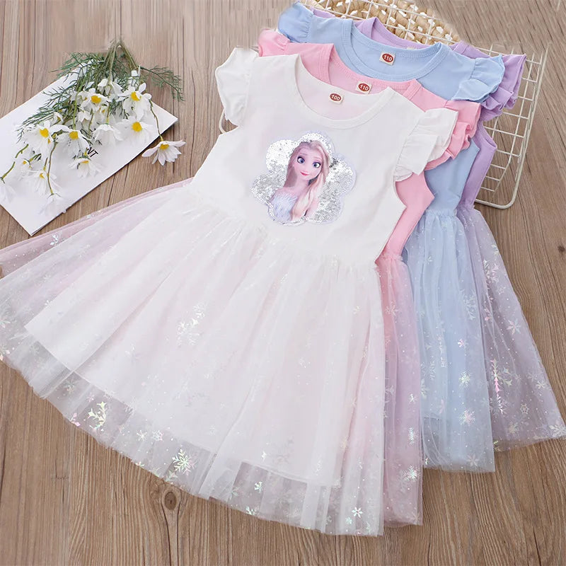 Girls Clothes 2024 New Summer Princess Dresses Flying Sleeve Kids Dress Frozen Elsa Party Baby Dresses for Children Clothing