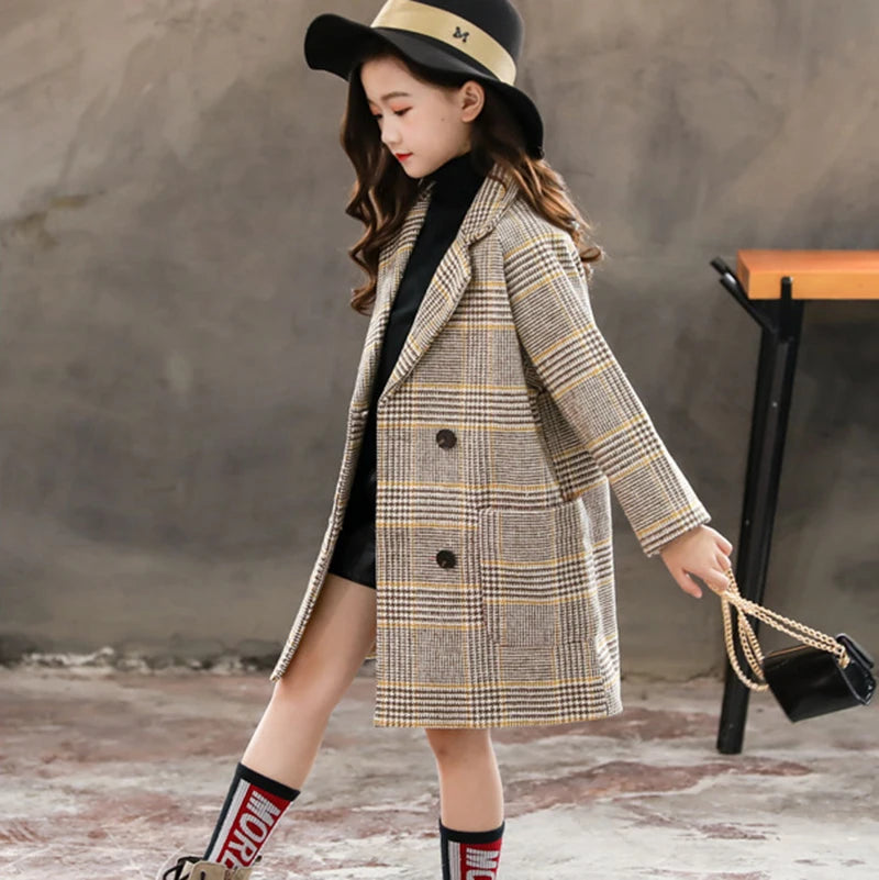 2024 Autumn Winter Girls Hairy Coat Fashion Design Long Coat for Girls Kids Outerwear Grid pattern 4 to 12 years old