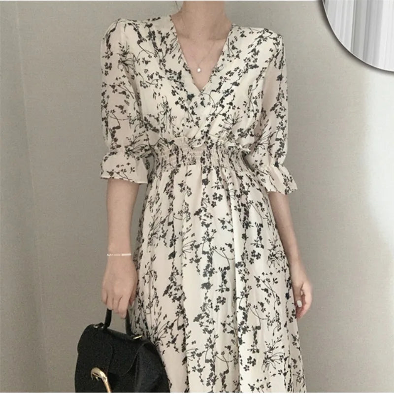 ARWEN & AJH GROUP Vintage Korea Fashion Clothing Summer Slim Elastic Waist A Line V Neck Elegant Office Lady Floral Chic Chiffon Long Dress Retro