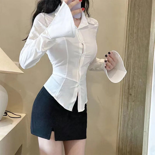 Sexy Slim Bandage Shirts Women Y2K Fashion Lapel Bell Sleeve White Blouses Female Korean Streetwear Spring Buttons Tops New