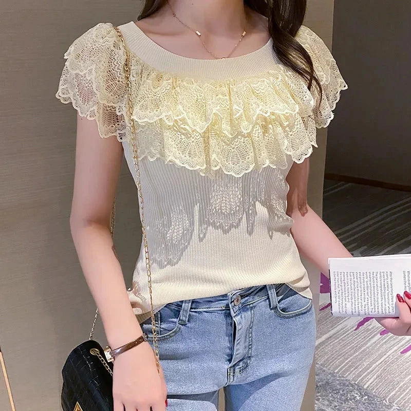 مجموعة أروين التجارية ARWEN & AJH GROUP Casual Lace Knitted Tops T-shirts Women 2024 Fashion Elastic White Black Purple Top Sexy Ladies  مجموعة أروين التجارية ARWEN & AJH GROUPT Shirts korean Clothes