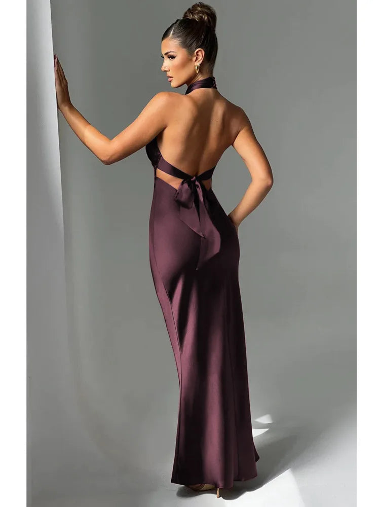 Articat Elegant Backless Lace Up Maxi Dress For Women Satin Slim Fit Female Vesidos Elegant Party Club Evening Dress 2024 Spring