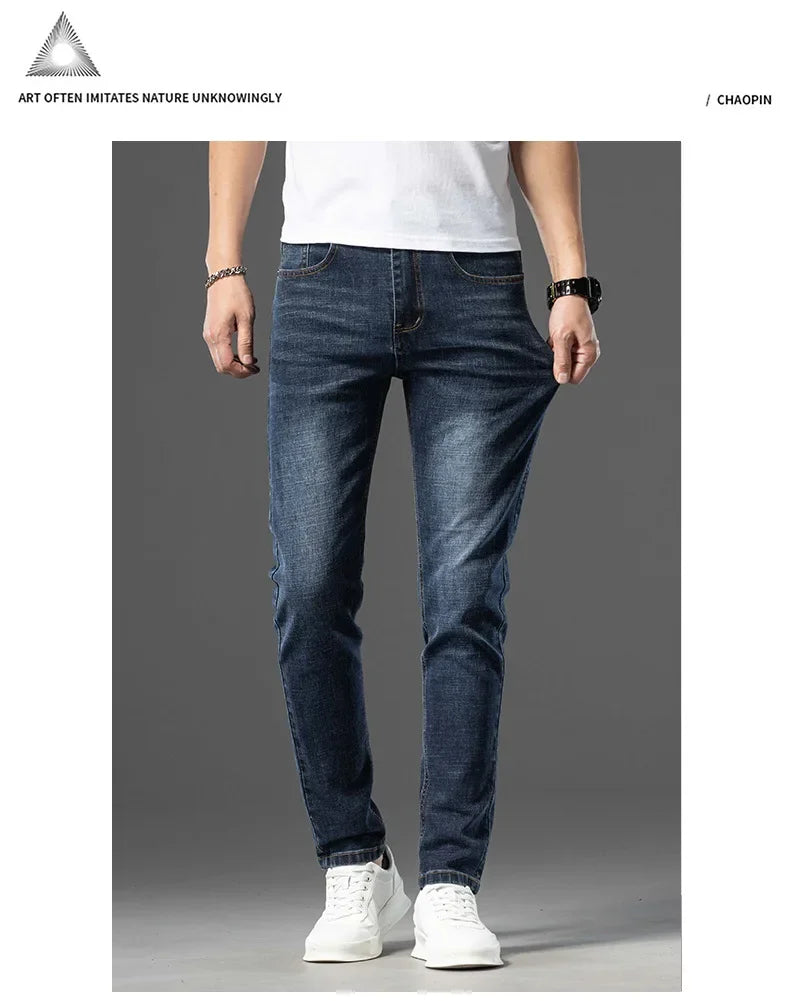 Luxury Brand Men's Jeans Slim Fit High Elasticity Versatile Blue Straight Leg Denim Trousers For All Seasons Casual Wear