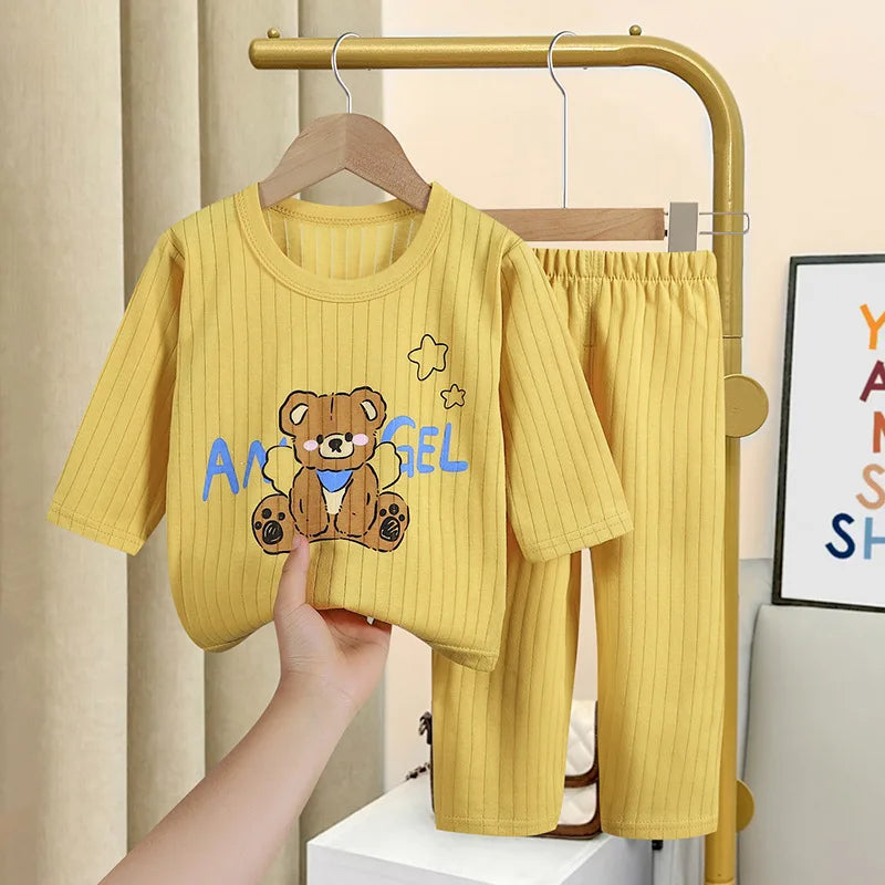 2023 Summer Long-sleeved Trousers Home Wear Suit New All Cotton Underwear Sets Babies Boys Cartoon Thin Sleepwear Pajamas Pants