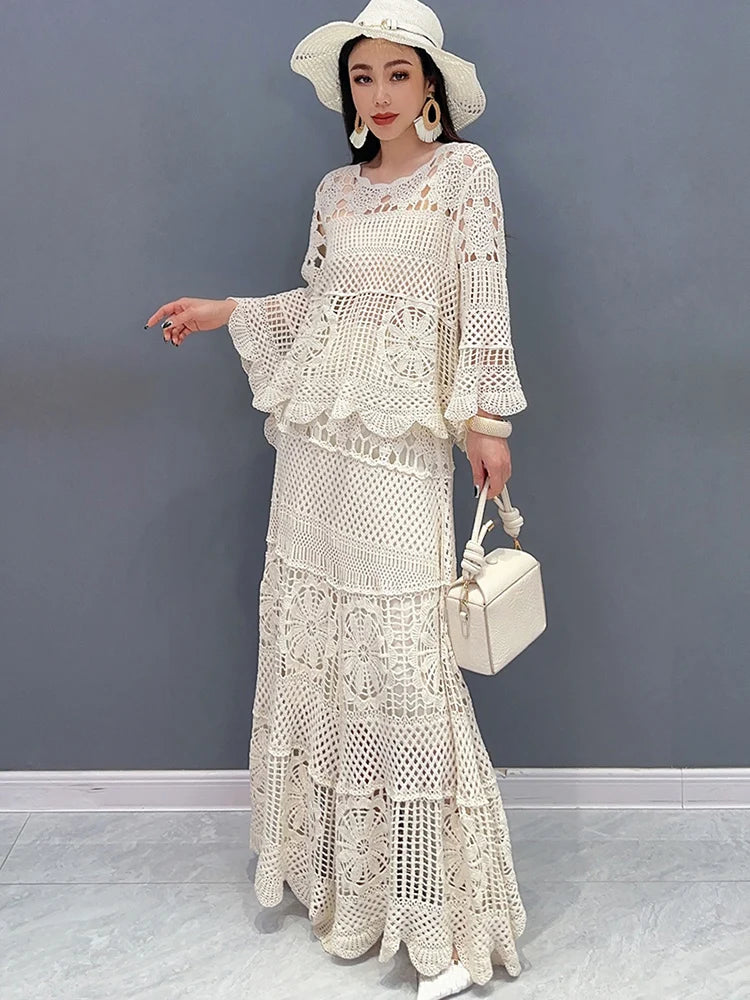 مجموعة أروين التجارية ARWEN & AJH GROUPNew Lace Set With Hollow Top Swing Long Skirt 2 Piece Set Fashionable Elegant Lady 2024 Spring Summer Clothes