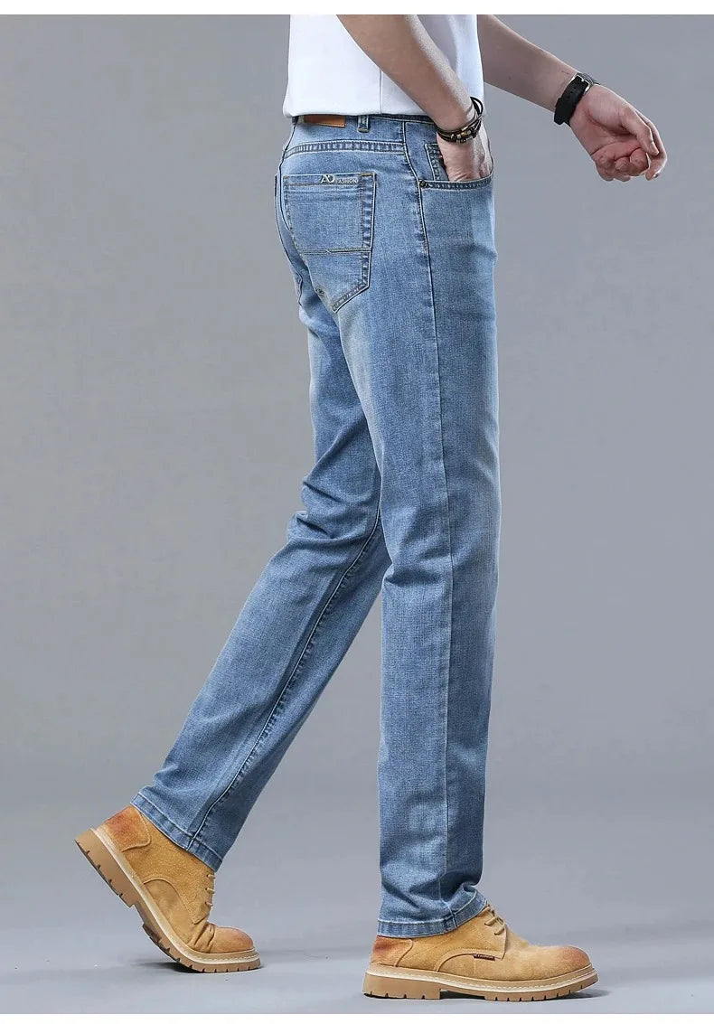 New in Men's Straight Jeans Summer Thin Casual Stretch Fashion Business Casual Denim Pants Straight Classic Male Trousers