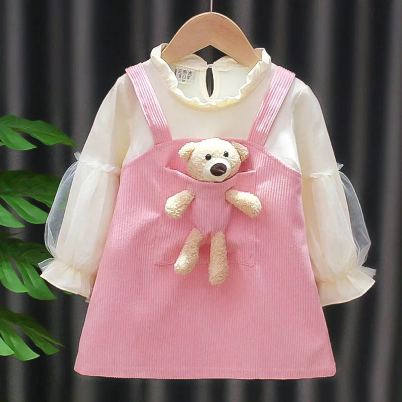 Kid Girl Dress Princess Dress Pocket Bear Gift Birthday Party Children Puff Long Sleeve Toddler Girl Clothes Teen Baby Suit A830