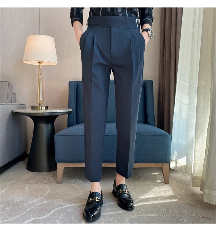 British Style Men High Waist Casual Dress Pant Men Belt Design Slim Trousers Formal Office Social Wedding Party Dress Suit Pants