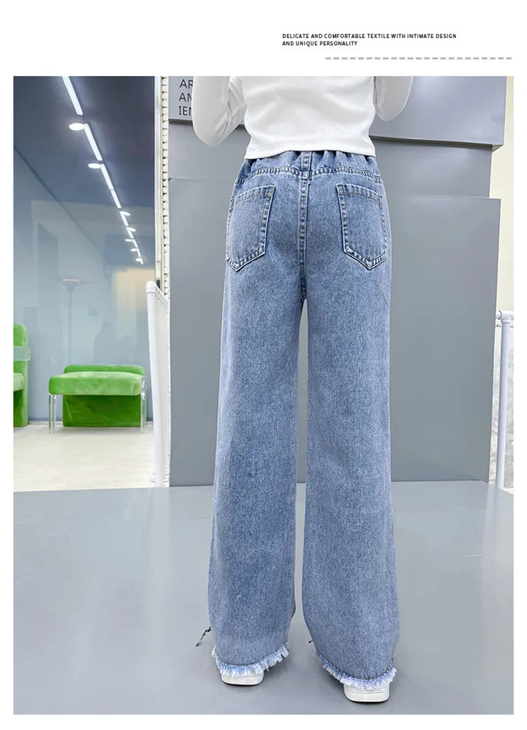 2024 Casual Style Jeans For Girl Teenage Clothes Elastic High Waist Denim Wide Leg Pants Spring Big Kids Straight Trousers 5-14Y