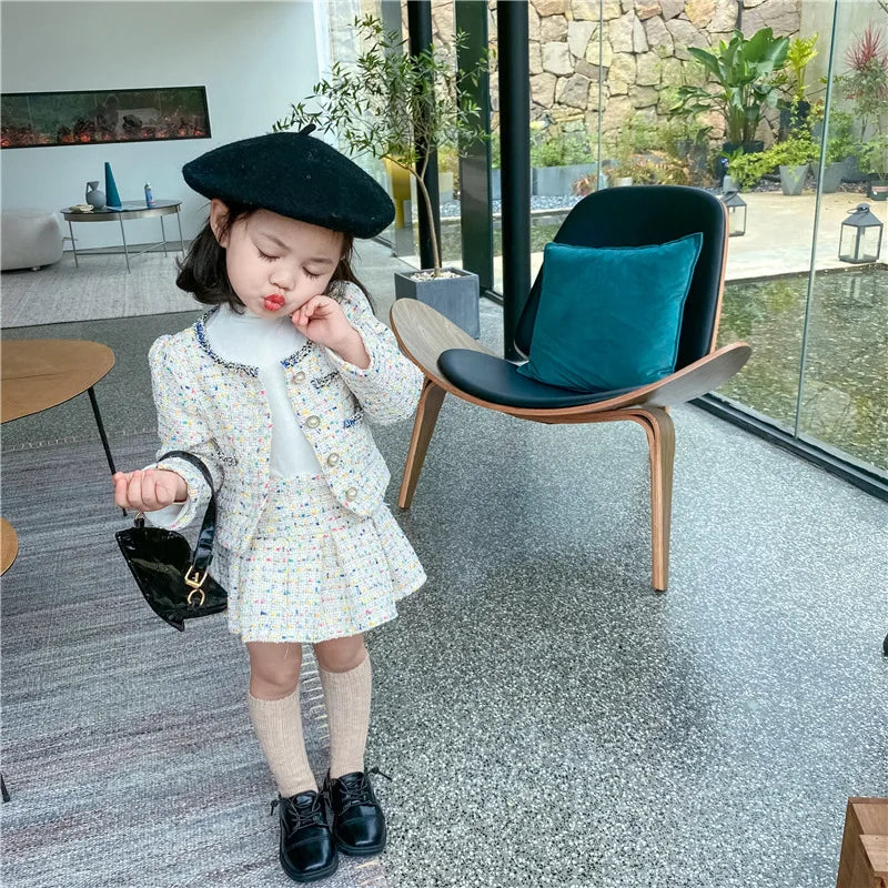 3308E Girls' Clothing Set Sweet Suit 2022 Autumn New Little Fragrant Wind Girl Two Piece Suit Knitted Coat+ Pleated Skirt