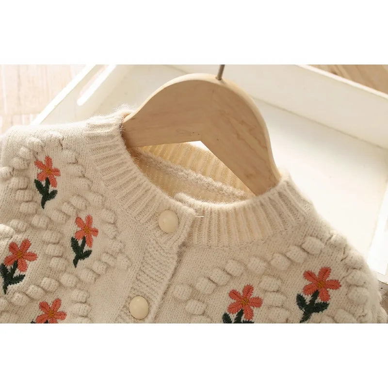 Girls' Autumn Clothes Sweet Flower Children Sweaters Embroidery Knitted Cardigan Warm Kids Outerwear Korean Baby Girl Clothes