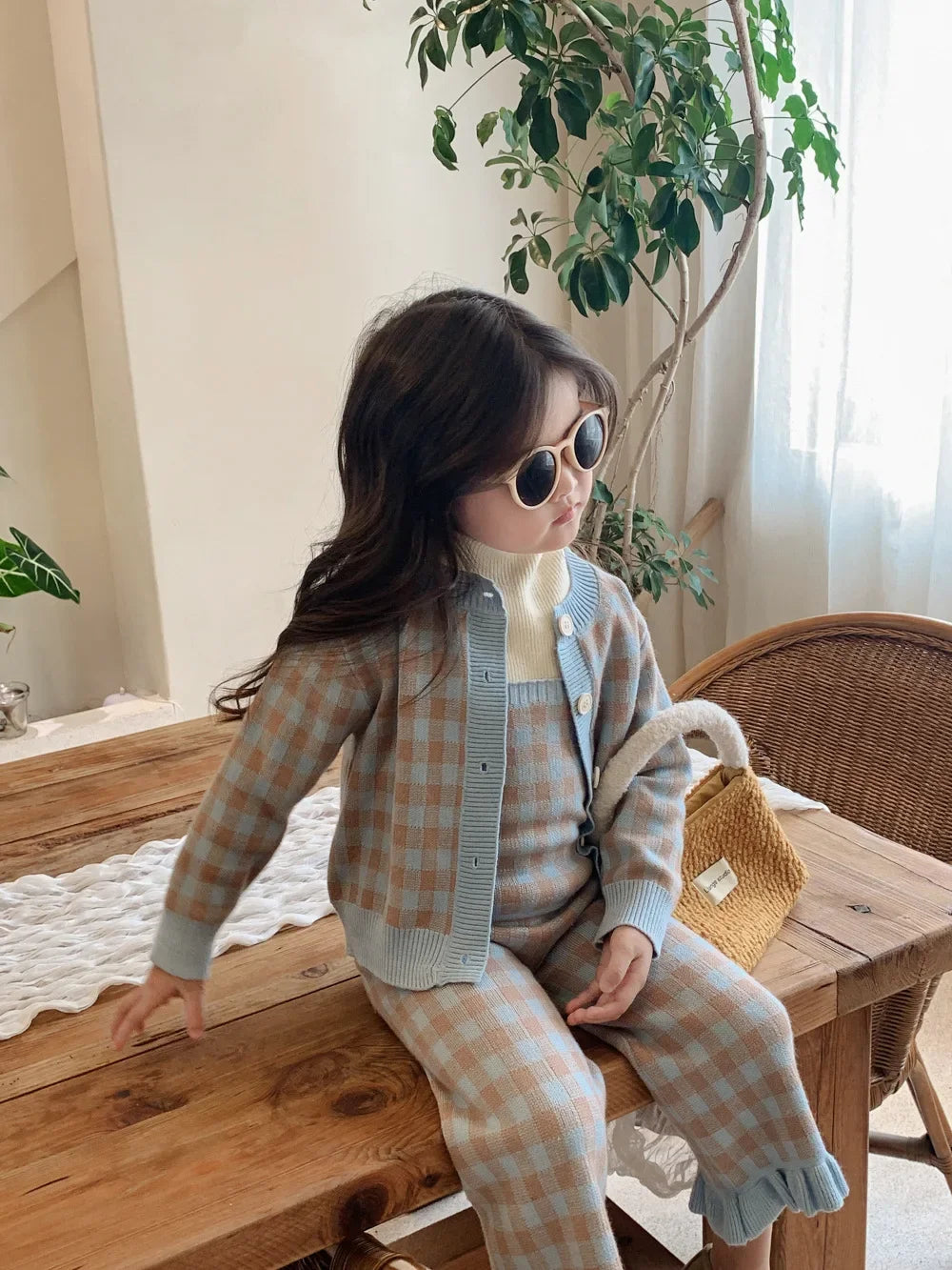 Children Clothing Set 2024 Autumn New Fresh Plaid Girl's Knitted Set Sweater Cardigan +Vest+Pant Sweet Three Piece Suit