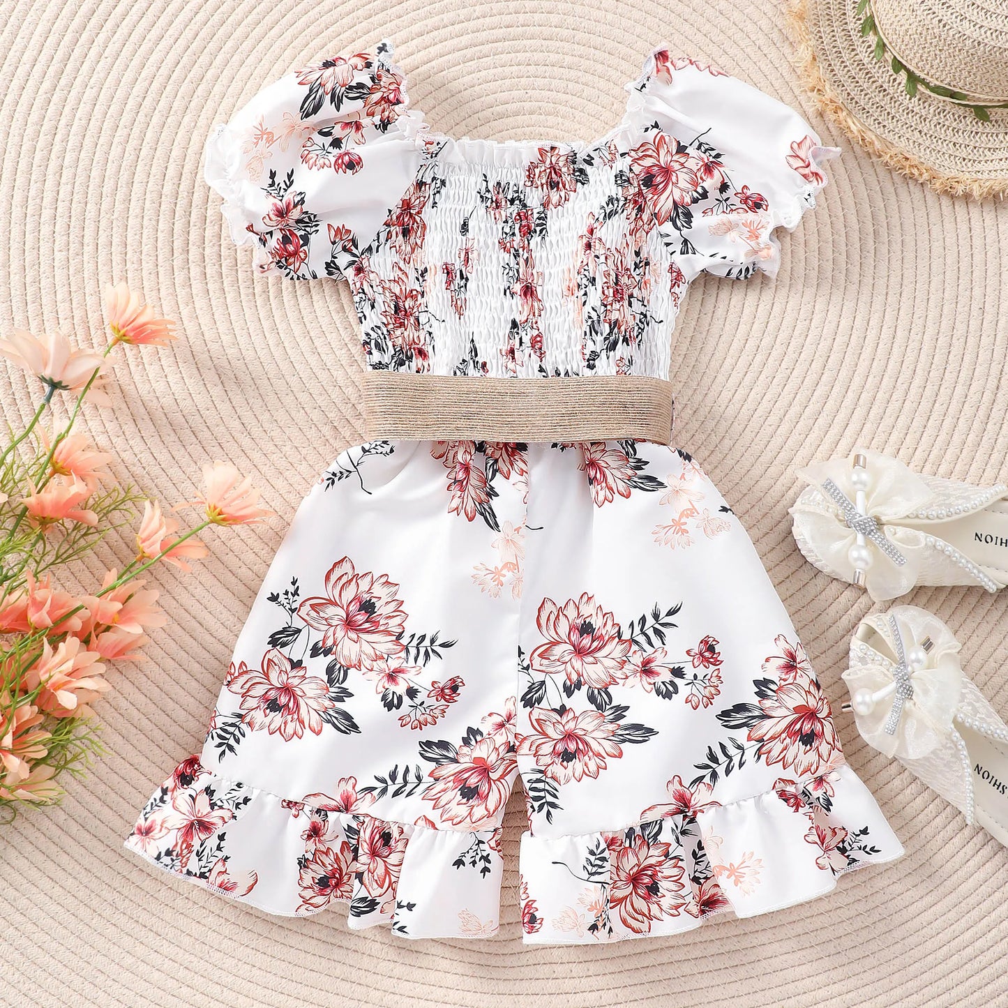 Allover Floral Print Puff Sleeve Shirred Romper With Belt And Frill Trim For Girls, Stylish Summer Outdoor Jumpsuit Holiday Gift