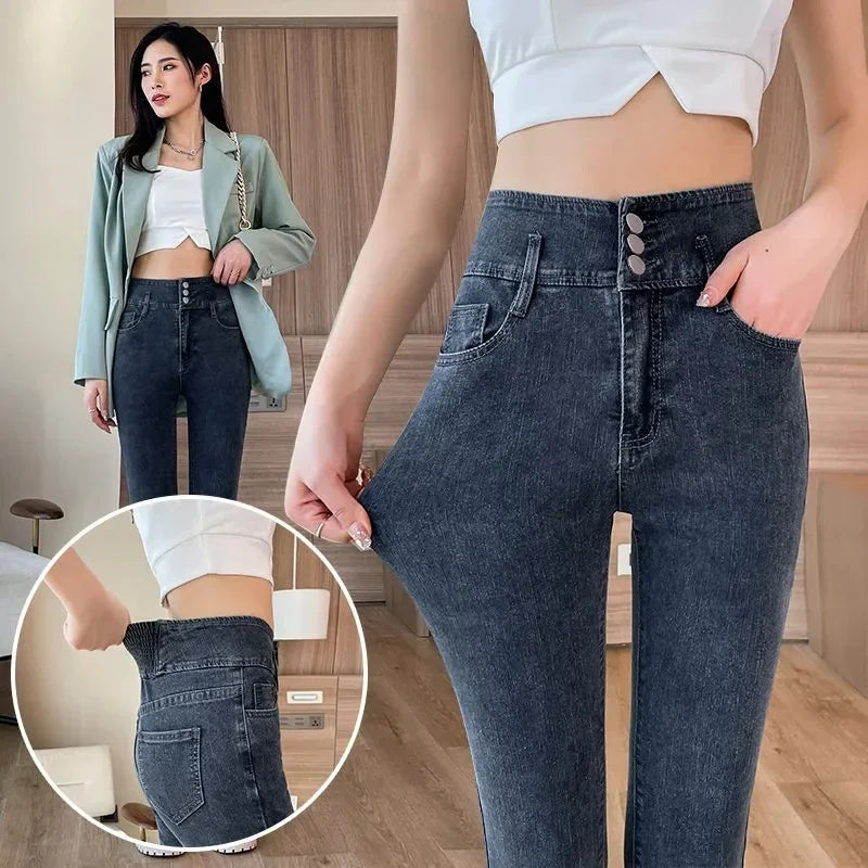 Casual High Waist Skinny Jeans Women Korean Button Pencil Ankle-Length Denim Pants 2024 Spring Stretch Cowboy Leggings