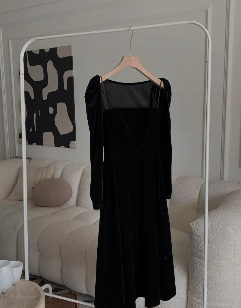 مجموعة اروين التجارية ARWEN&AJH GROUP  2024 European French Black Velvet Spaghetti Strap Midi Dresses for Women  Autumn Elegant Party 2-piece A-line Evening Prom Female Clothing