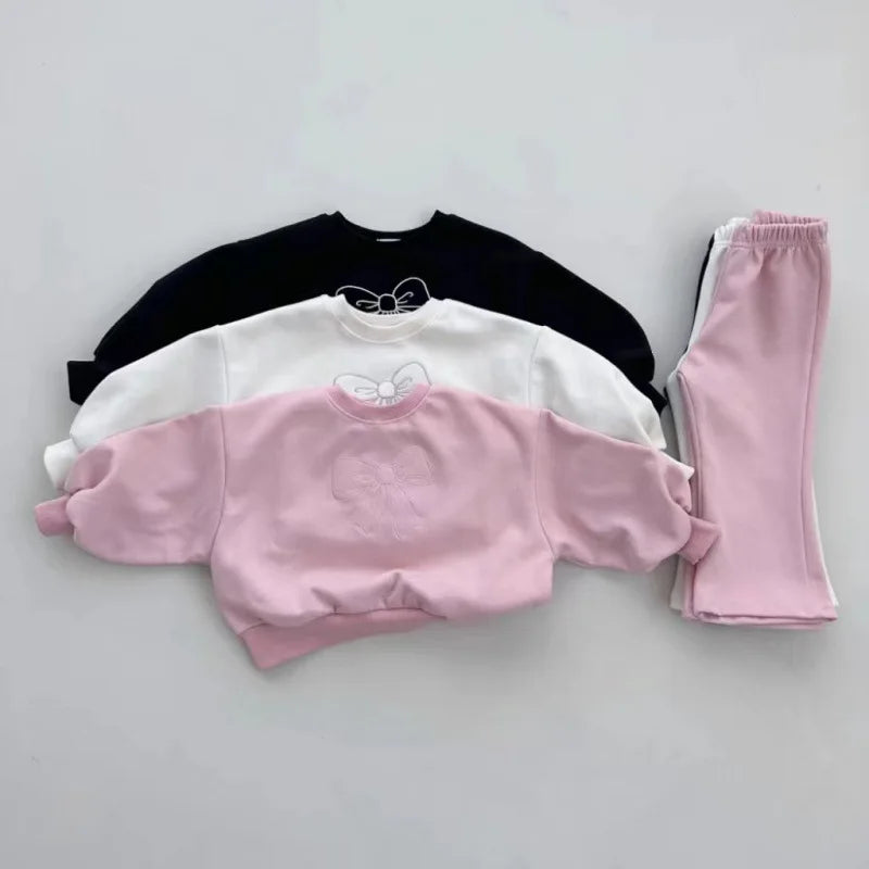 ARWEN AJH 2024 Spring Autumn Fashion Girl Baby Bow Long Sleeve Tops+ Solid Flared Pants 2pcs Children Cotton Sweatshirt Set Kids Tracksuit