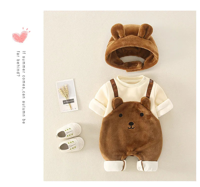 Winter Newborn Baby Clothes Plush Warm Strap jumpsuits Cute Bear Baby Girls Boys Romper Korean Style Long-sleeved Toddler Sets