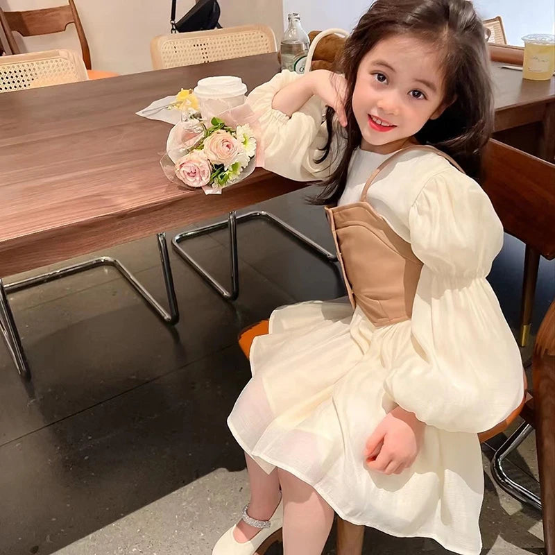 ARWEN & AJH GROUP Long Sleeve Chiffon Princess Dress + PU Leather Vest 2Pcs 2024 New Girls Dress Spring And Autumn Fashion 2-12 Years Kids Clothes