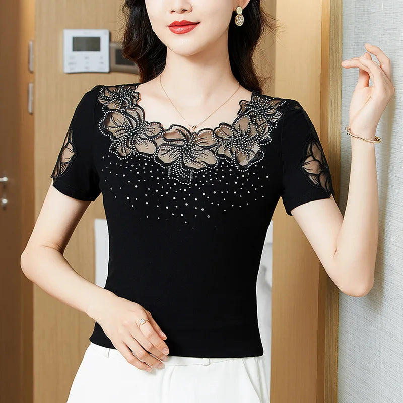 M-4XL New 2024 Summer Short Sleeved O-Neck Women's T-Shirt Elegant Slim Hollow Out Drilling Mesh Tops Blusas