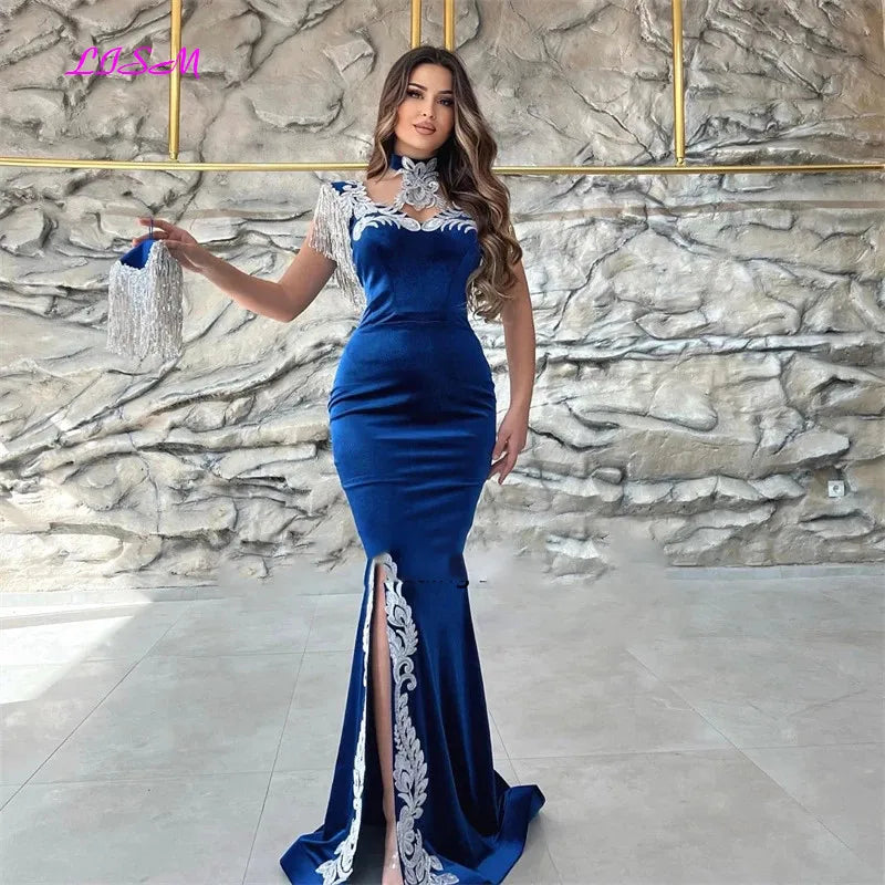 Moroccan Caftan Evening مجموعة أروين   Appliques Lace Cap Sleeve Royal Blue Mermaid Slit Velvet Arabic Prom Gowns Party Dress