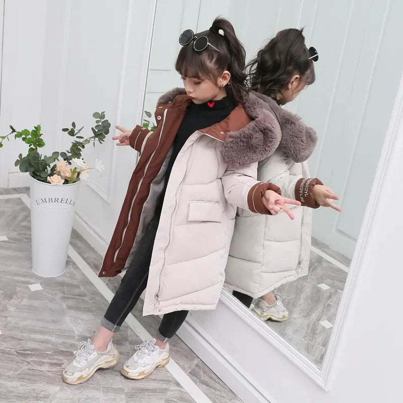 Children Winter Down Cotton Jacket 2024 New Fashion Girl Clothing Kids Clothes Thick Parka Fur Hooded Snowsuit Outerwear Coat