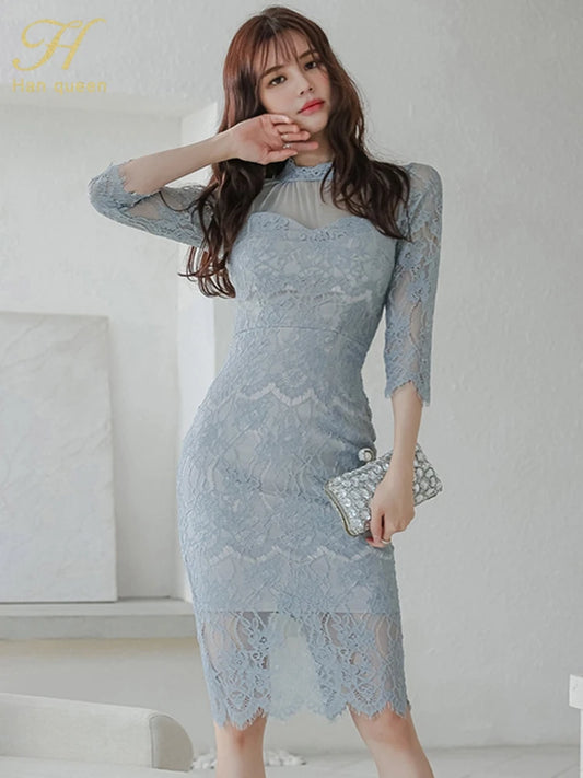 ARWEN & AJH GROUP  Elegant Office Pencil Dress Women Korean Sheath Lace Dresses New Hollow Out Party Work   Vestido Spring Summer