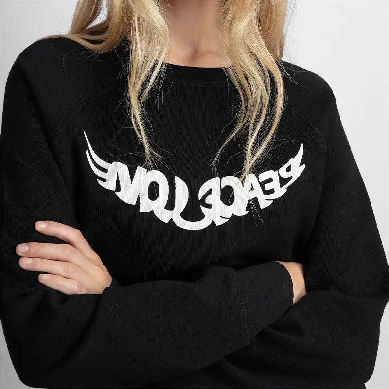 Zadig Women Sweatshirt Casual Black Chic Peace Love Wings Print Pullover Tops Female Cotton Long Sleeve Classic Sweatshirts