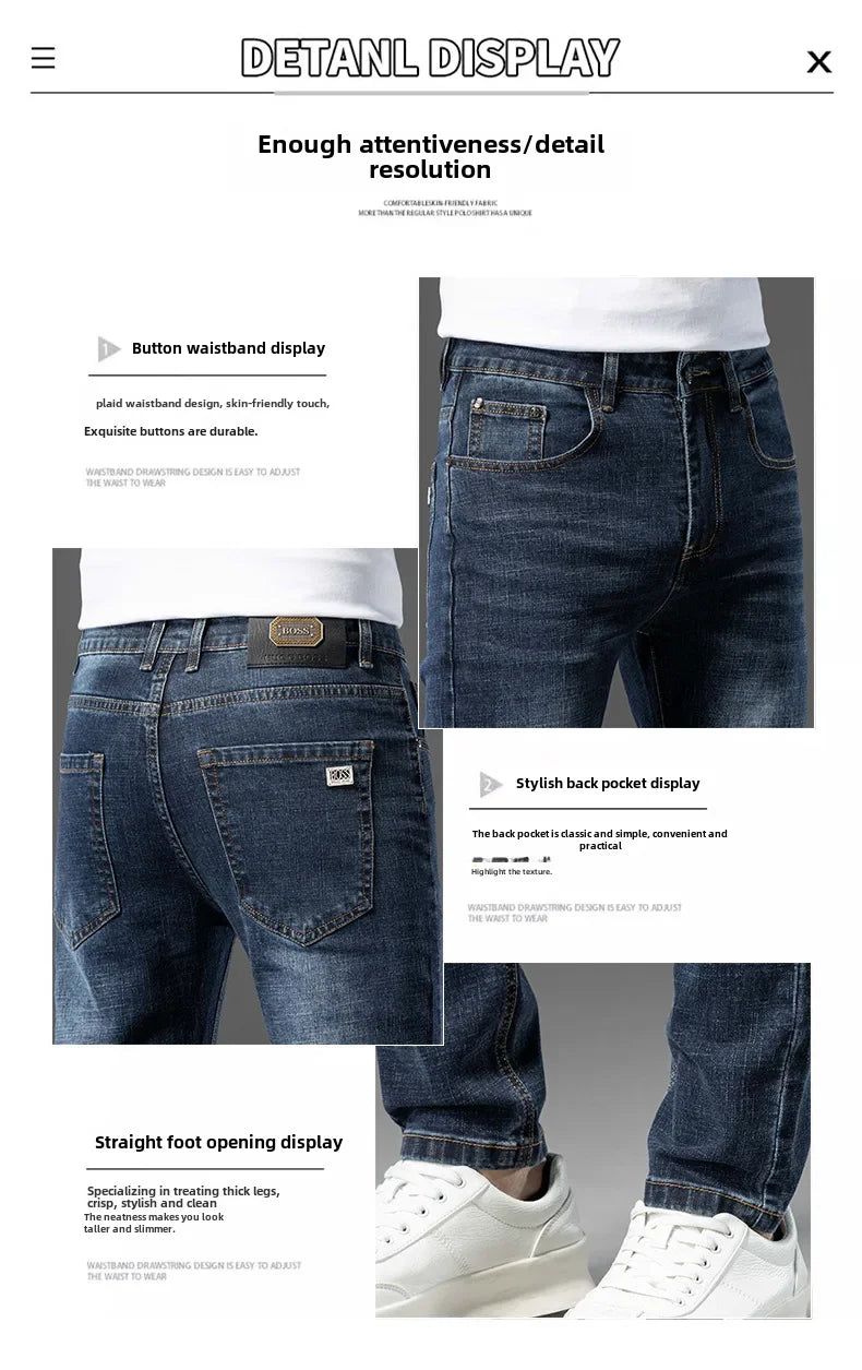 Luxury Brand Men's Jeans Slim Fit High Elasticity Versatile Blue Straight Leg Denim Trousers For All Seasons Casual Wear