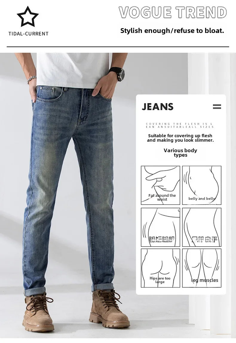 Spring Summer New High End Jeans Men's Elastic Slims Smooths Your Silhouette Casual Fashionable Trendy Denim Trousers