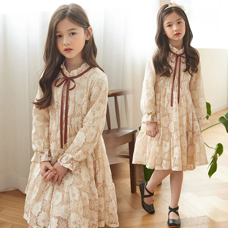 2024 Spring Autumn Winter Baby Girls Long Sleeves Casual Dresses 3-11Years Korean Version Kids Upscale Lace Princess Dress