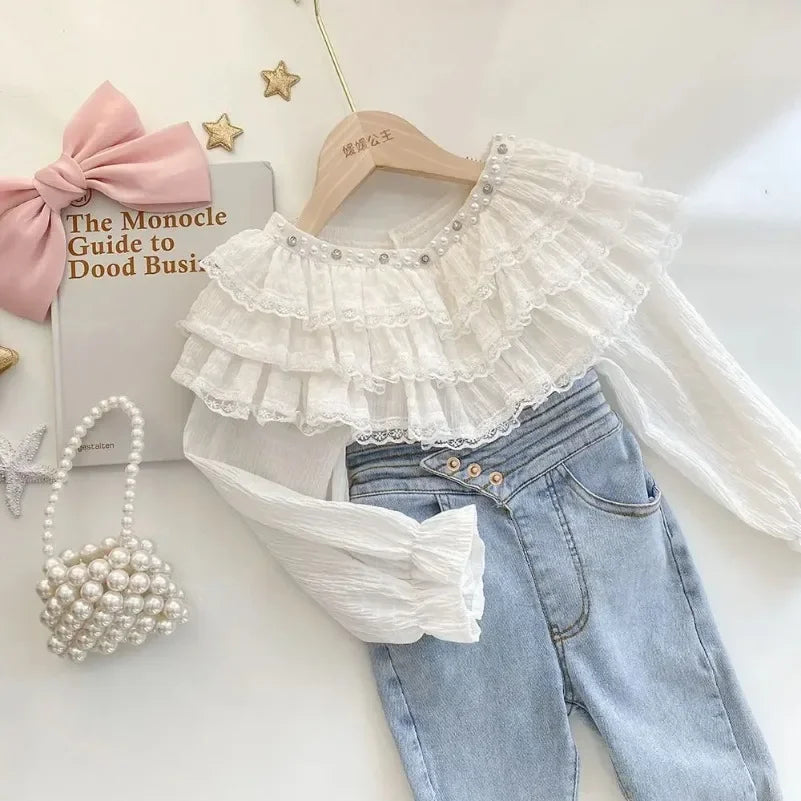 Retail 2024 Baby Girls Fall Fashion Teenage Pink Blouse New Princess Kids Sweet Lace  Long Sleeve Top 6-12T