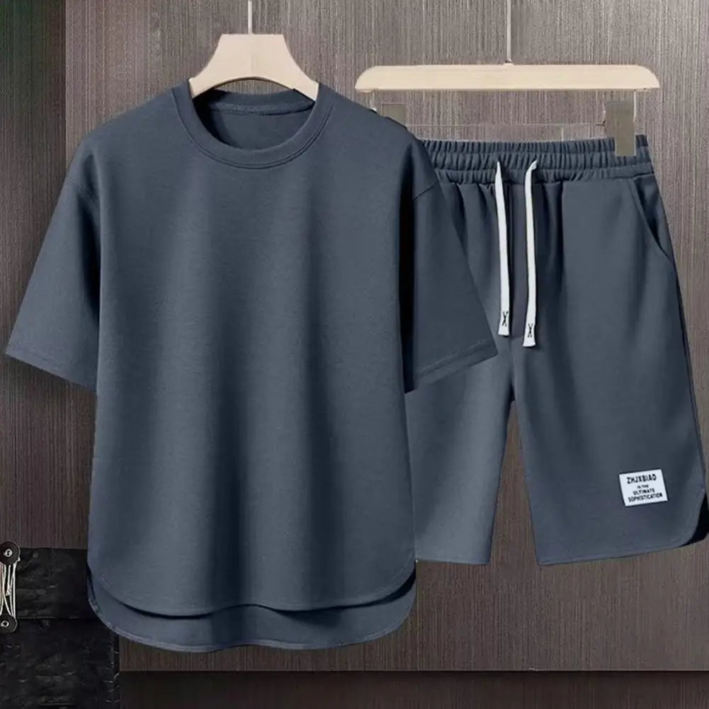 2Pcs/Set Men Summer Casual Outfit Short Sleeve T-shirt Elastic Drawstring Waist Wide Leg Shorts Set Activewear Set 남자 운동복 세트