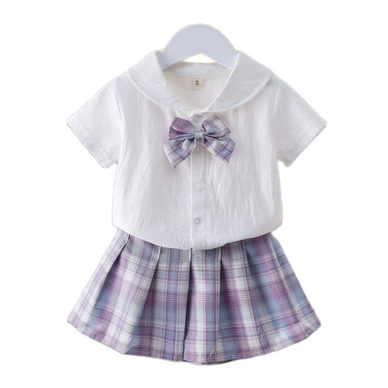 Girls College Style Jk Uniform Pleated Skirt + Short Sleeves Shirts Summer Children Big Kids School Students Sweat Clothes 0-12Y