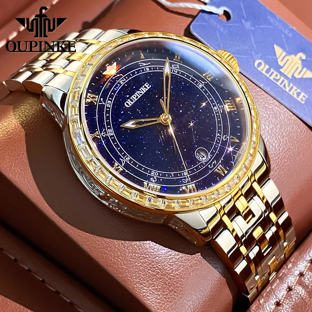 OUPINKE Original Automatic Mechanical Watch for Men Star Diamond Design Luminous Waterproof Mens Wristwatch Luxury Montre Homme