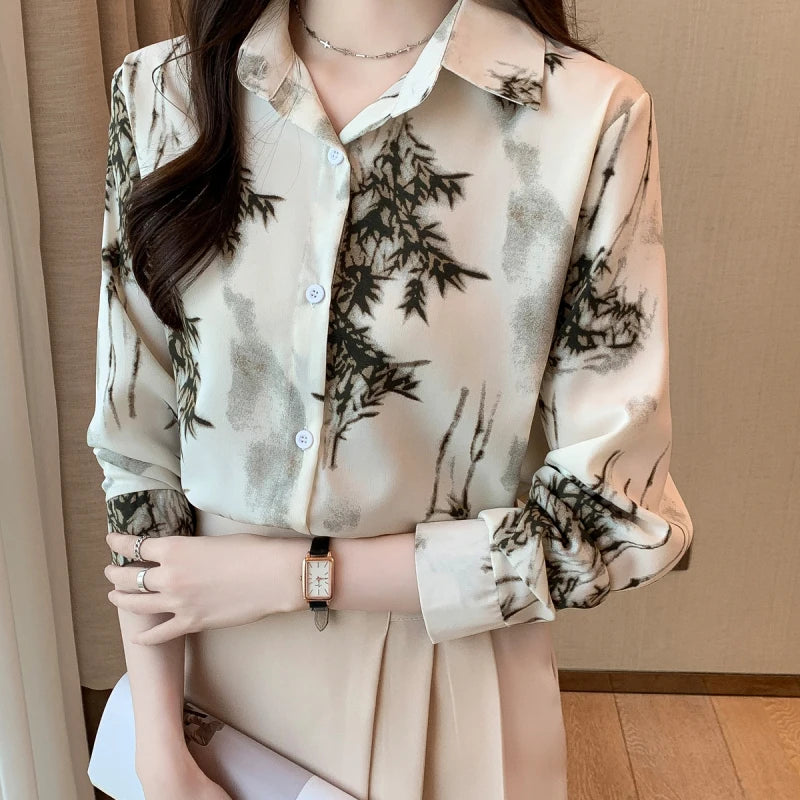 Women Spring Korean Elegant Loose Printing Polo-Neck Long Sleeve Shirts Women Clothes Casual All-match Temperament Trend Tops