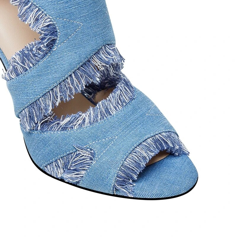 Kaky's New Open Toe Fish Mouth Denim High Heel Women's Sandals Roman Sandals Large