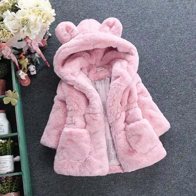 Winter Plush Imitation Fur Girls Jacket Keeping Warm Hooded Outerwear For Kids 1-8 Years Christmas Present Children Coat