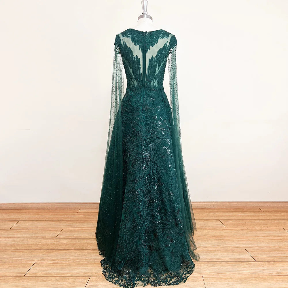 Elegant Green Mermaid Lace Evening Night Dress for Woman 2024 O Neck Crystal Long Cape Sleeves Formal Prom Wedding Party Gowns