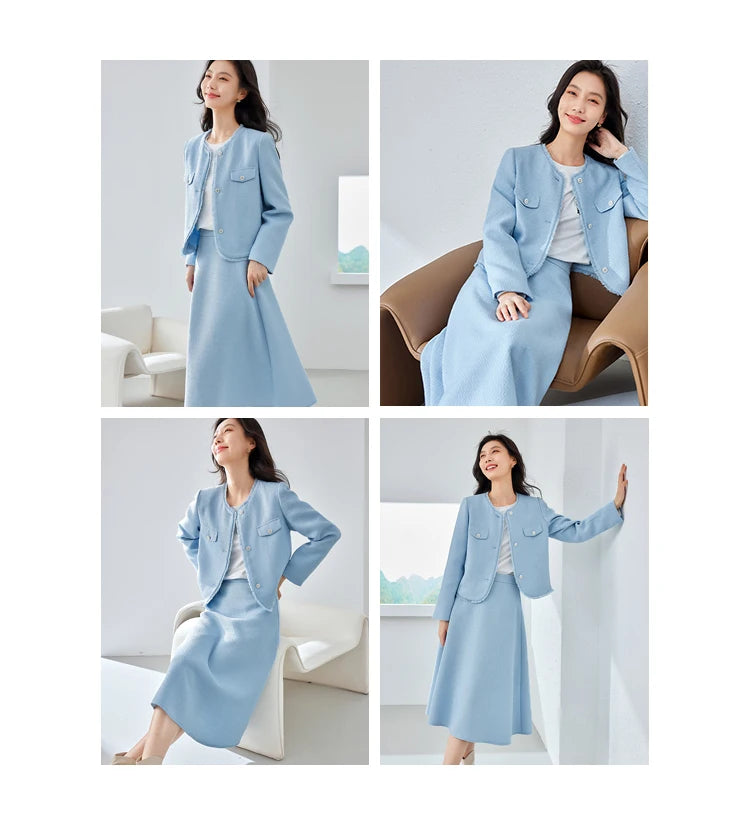 Vimly Elegant Blue Tweed Suit 2 Piece Set for Women Spring Outfits Cropped Jackets Elastic Waist Midi Skirt Matching Sets M3025