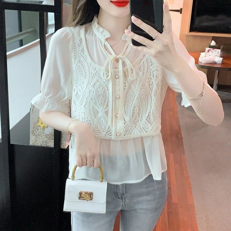 Summer V-Neck Lace Chiffon Blouse Shirt Women Tops Blusas Mujer De Moda 2024 Verano Short Sleeve Blouse Women Blouses Blusa G529