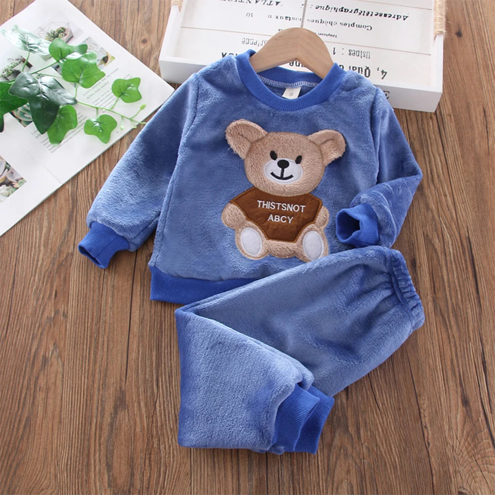 Bear Leader Girls Sets Winter Flannel   Set Long-sleeved Bear Patch Cloth Hoodie Pants Autumn and Winter Warm Boy 2pc Set