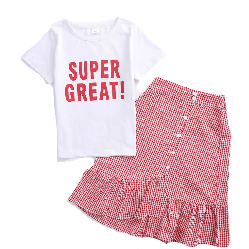 2024 new Summer Clothes Kids Girls Fashion Outfit Children Cotton Letter T shirt + Split Plaid Skirts 5 6 7 8 9 10 11 12 13 year