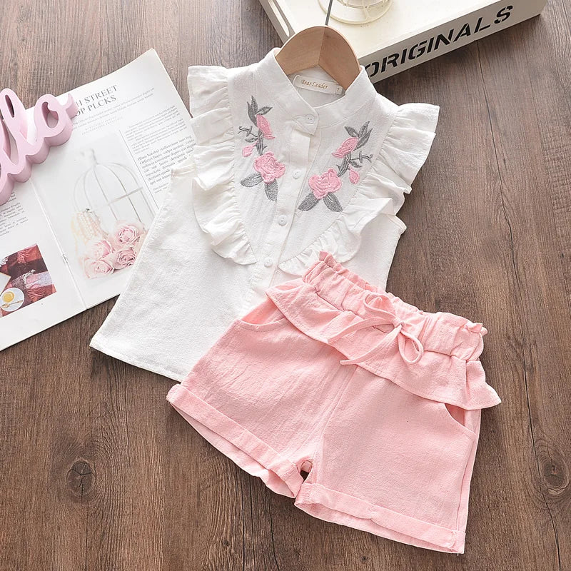 Bear Leader Girls' Clothing Set 2023 Summer New Casual Children's Embroidered Sleeveless Shirt+Shorts Set Girls' Baby Clothing