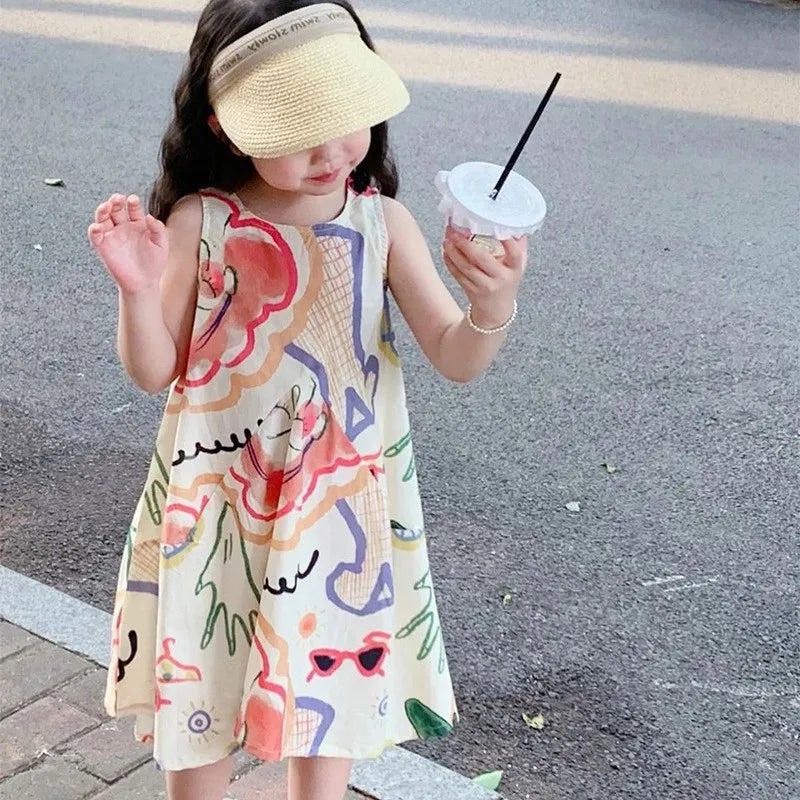 ARWEN AJH 2024 Summer Korean Children Girls Sundress Graffiti Printed Toddler Girls Sundress Loose Casual Young Kids Girl Sleeveless Dress