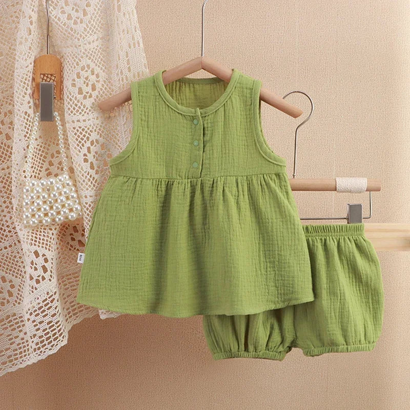 2Pcs Muslin Children Clothing Sets Sleeveless Tops Shorts Kids Loungewear for Girls Soft Breathable Baby Summer Clothes Suit