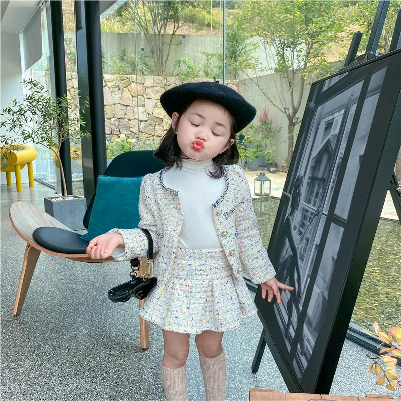 3308E Girls' Clothing Set Sweet Suit 2022 Autumn New Little Fragrant Wind Girl Two Piece Suit Knitted Coat+ Pleated Skirt